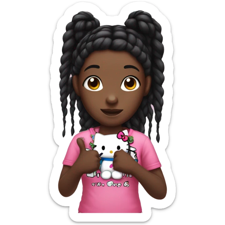 A dark skin girl with black braids and a hello kitty shirt holding a thumbs ip sticker