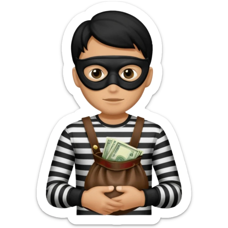 Crea un ladrón con un sombrero de delincuente y un saco de dinero, el ladrón tiene una camisa de rayas negras y blancas y el rostro un antifaz color negro. sticker