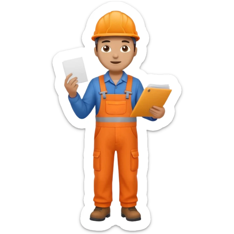 railway engineer full body in orange overalls, carrying a piece of paper in front of him sticker