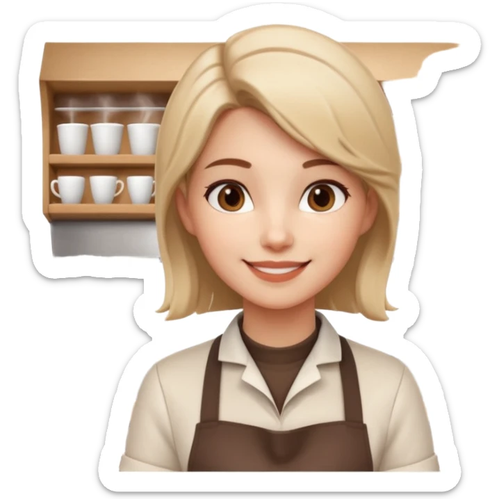 female barista portrait, head and shoulders only, wearing coffee shop apron collar, holding a takeaway cup near face, warm friendly smile, cozy cafe vibe, 3D cartoon, mobile game icon style, clean background, no text, no watermark
 sticker
