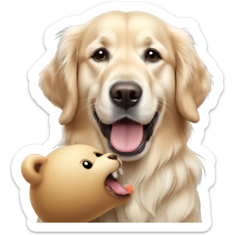 English cream golden retriever holding bear toy in mouth sticker