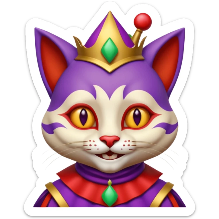 crazy colorful cute little cat jolly joker from poker, medieval, vintage, court jester, mac os icon, purple, gold and red color, half body. Squared shape as 3D mac os icon, skeuomorphic sticker
