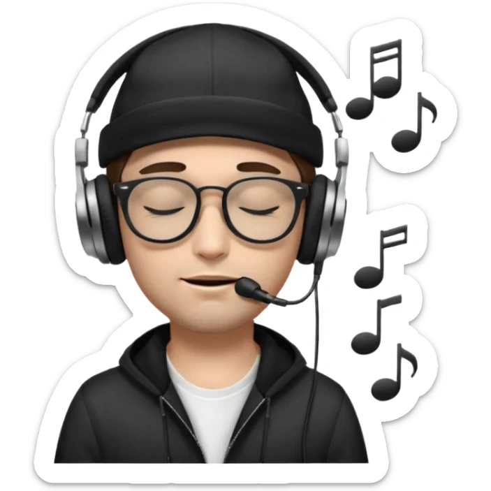 dj man white with baseball cap - rayban glasses - brown hair - closed eyes with headphones on with musical note over head (listening to music ) - eyes closed no glasses - black hat  musical notes floating around head - NO GLASSES sticker