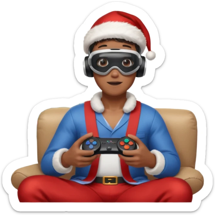 Homme photographe noir, week-end détente, équipé d’un appareil photo pro. Dans un décor Noël chaleureux, Père Noël à côté, sapin illuminé, lumières douces. L’homme porte un casque VR autour du cou ou sur la tête, et une manette PS 2025 dans la main libre. Ambiance festive, réaliste, couleurs nettes sticker