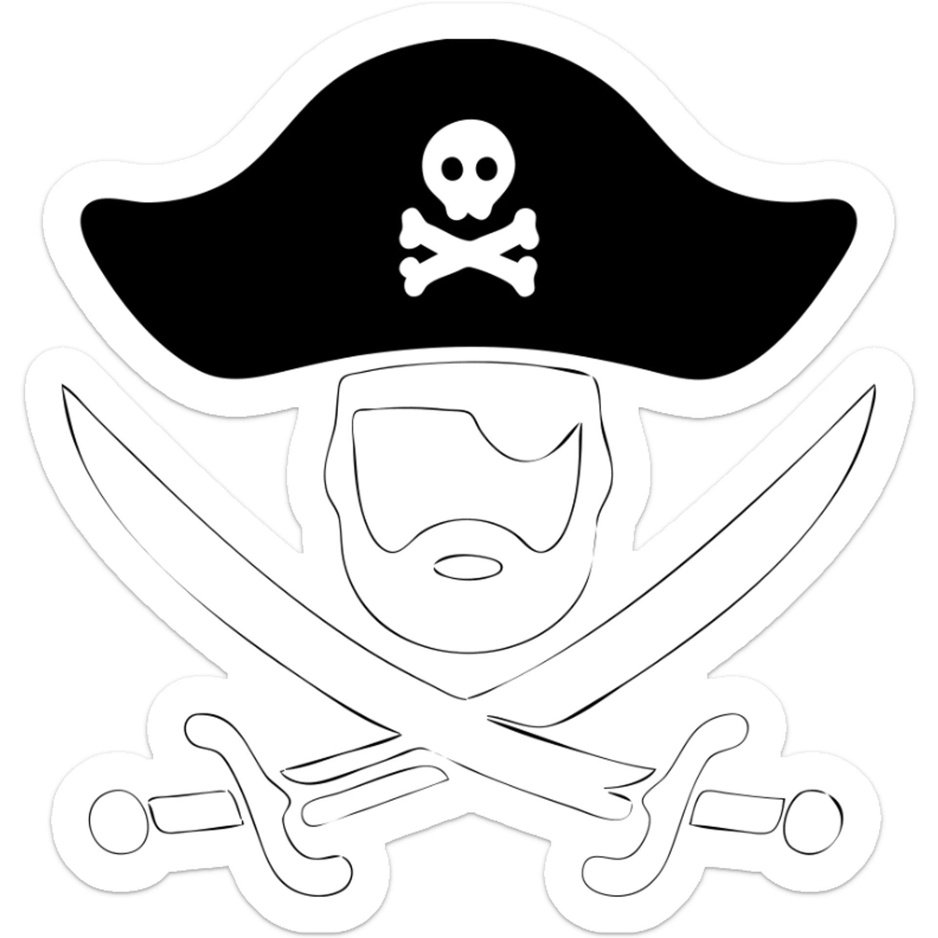 Change the swords and the pirate head to green. Ensure the background behind the swords and the head is pure white and hollow, with no black fill or shadow. Keep the hat black with the small skull-and-crossbones symbol. Maintain the clean, bold icon style. sticker