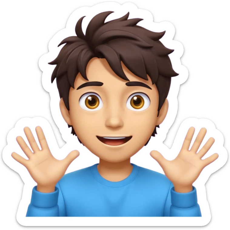 3D cartoon male character with big expressive eyes, messy dark hair, playful smile, energetic personality, vibrant K-pop animation style." sticker