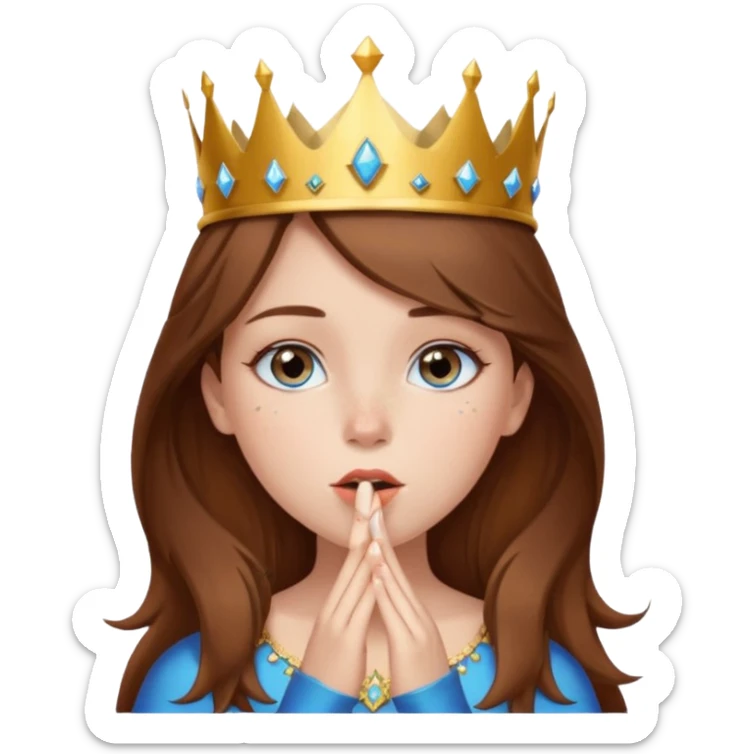 a girl with brown hair, blue eyes and freckles, who wears a crown and is blowing a kiss sticker
