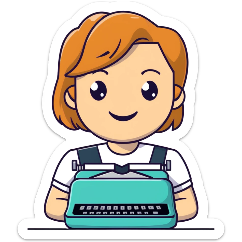 female writer, light skin, strawberry blonde page haircut, round face, freckles, smiling, with a typewriter sticker