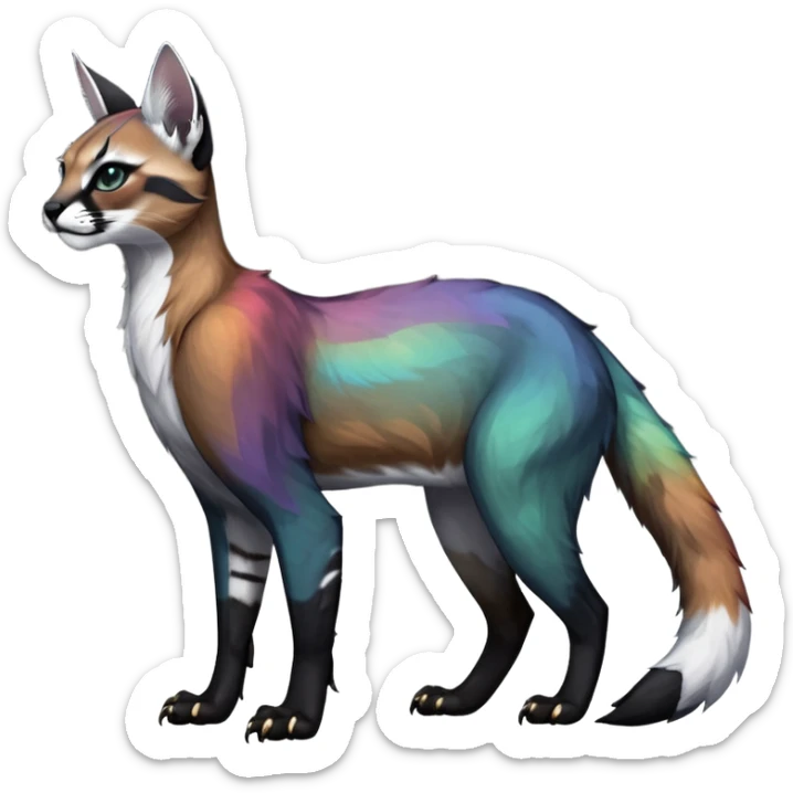Colorful dark black gloomy spooky pointy foggy smoky points-marked white glorious iridescent divine exotic cute cool beautiful beautiful fantasy-caracal-civet-genet-sergal-vernid-Gryphon-Cacomistle-Trico-oncilla-animal-Fakémon-hybrid-fursona (full body) sticker