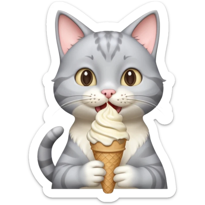 cute gray cat portrait, head and shoulders only, licking an ice cream cone, funny happy expression, 3D cartoon, mobile game icon style, clean background, no text, no watermark
 sticker