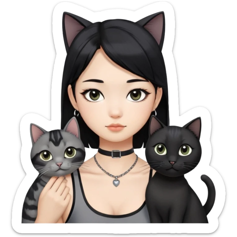 Asian girl, black hair with grey highlightsi , slightly longer than shoulder.  Holding two BLACK cats. one cat has a round fat face, the other one has a slightly slimmer face. The girl also wearing a black singlet, a black chocker, silver round hook earring, and wearing eyeliner.  sticker