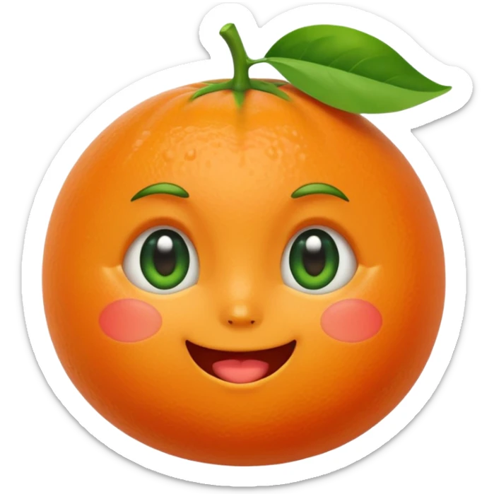 kawaii tangerine emoji with big watery eyes, small smiling mouth, blushing cheeks, green leaf on top, expressing touched feeling sticker