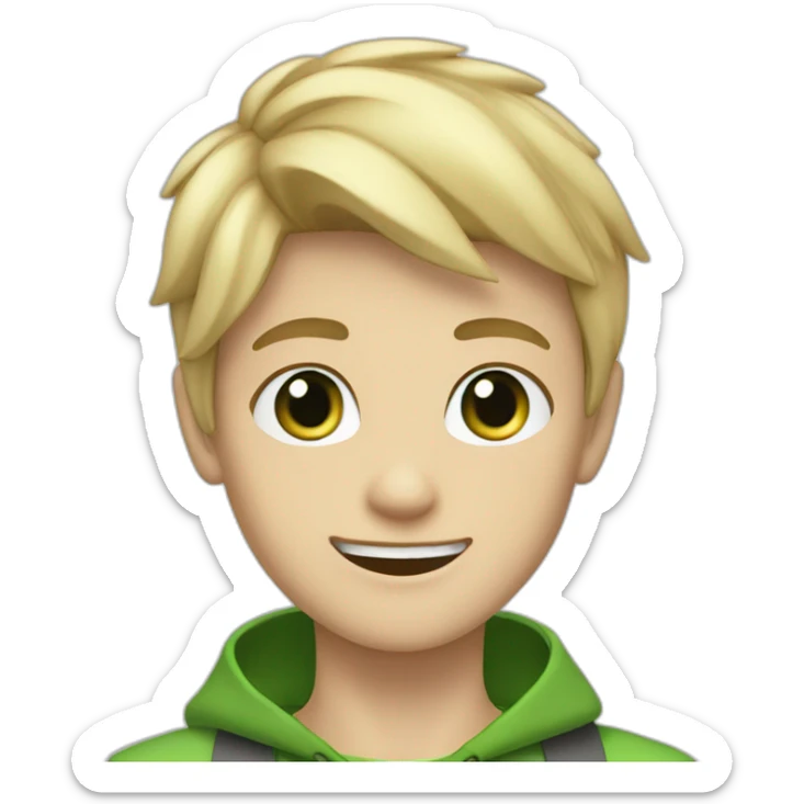 Blonde teen boy with medium short hair, green eyes, waving hi to the camera sticker