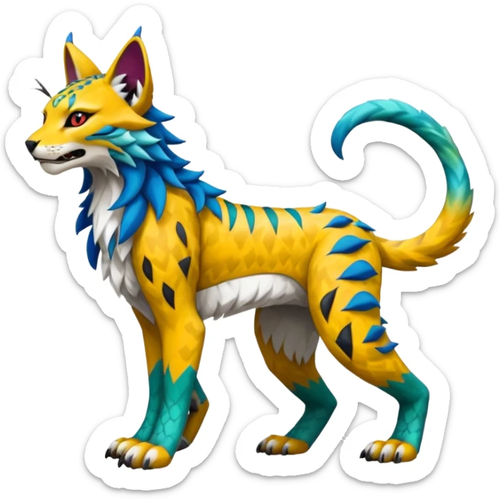 Colorful tropical edgy Lynx-Trico-Sergal-Wolf-Vernid-Fakémon-Pokémon-creature (full body) sticker