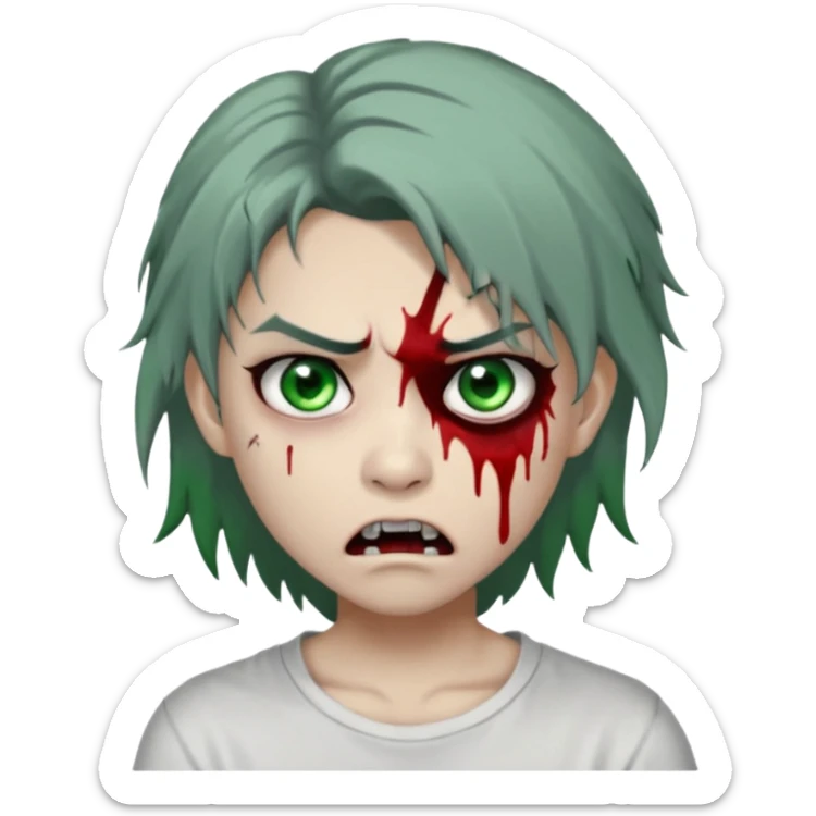 3D emoji-style avatar with grey zombie skin, dark brown hair, a young Asian face, and large green eyes with blood tears. Give it white litle bit messy middle hair style , silver hoop earrings, and a plain white T-shirt. The face expression should be slightly angry, with vampire fang sticker