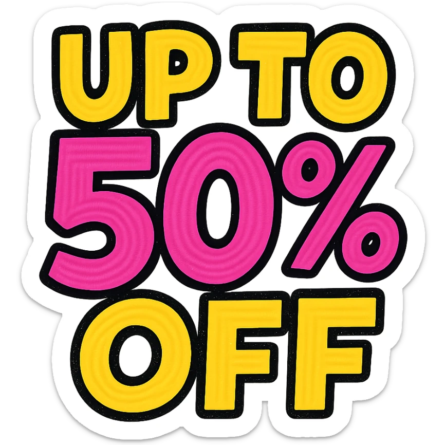 bold modern sale sticker text 'UP TO 50% OFF' in red and yellow colors, no background sticker