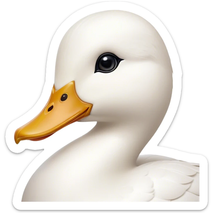 Cinematic Noble White Duck Portrait Emoji, Poised and regal, with a sleek, streamlined build and a pristine, well-groomed pure white plumage, deep-set soulful bright eyes, Simplified yet sharp and sophisticated features, highly detailed, glowing with a soft, dignified glow, high shine, intelligent and graceful, stylized with an air of aquatic elegance, focused and attentive, soft glowing outline, capturing the essence of a watchful and confident waterfowl, so majestic it feels as though it could glide out of the screen with effortless authority! sticker