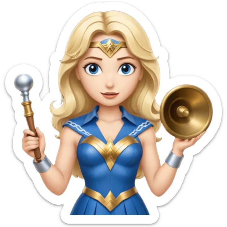 Blonde blue eyes Wonder Woman holding bell and short white orchestra conductor’s baton  sticker