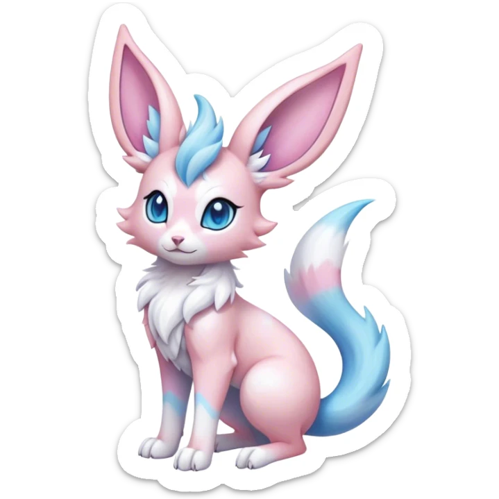 Feral Rare Fantasy cute realistic adorable pastel pink light-blue white iridescent Sylveon-Vernid-Sergal-hybrid by LiLaiRa, markings, tufted ears, full body sticker