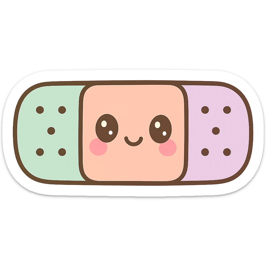 a cute adhesive bandage (band-aid) with a smiling face and pastel colors, kawaii style sticker
