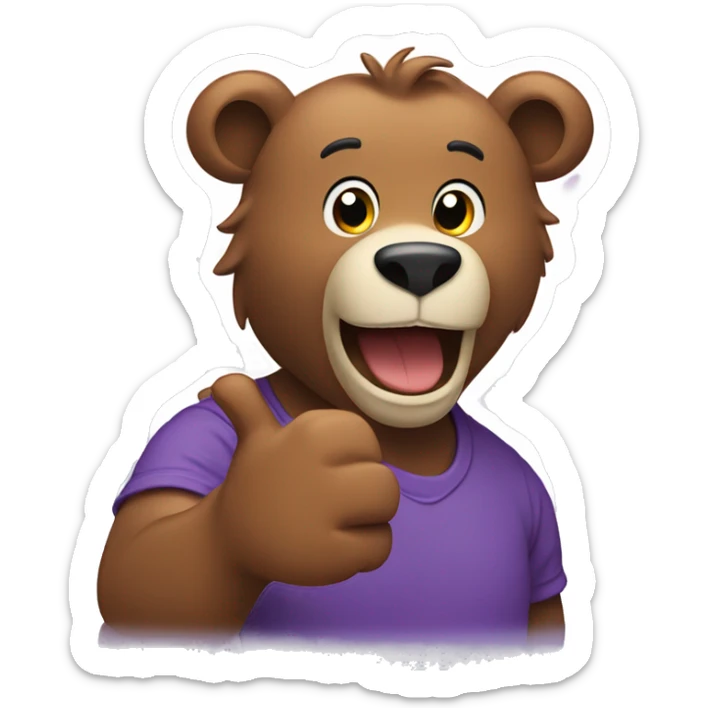 sticker, brown bear, wearing a purple T-shirt, waving his paw and smiling, white outline sticker