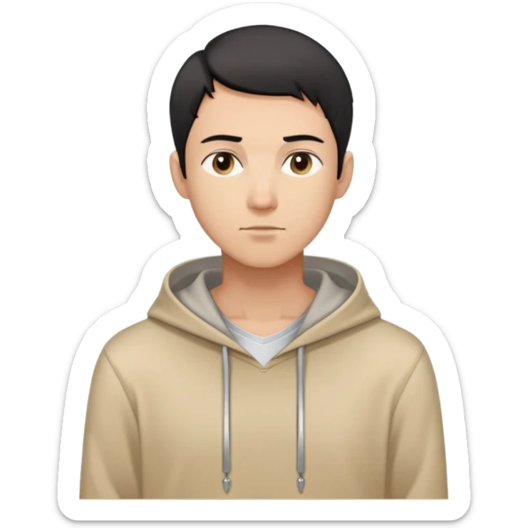 man with short black hair, slender build, light brown hoodie over white inner garment, silver necklace, calm demeanor, gentle expression, looking straight ahead sticker
