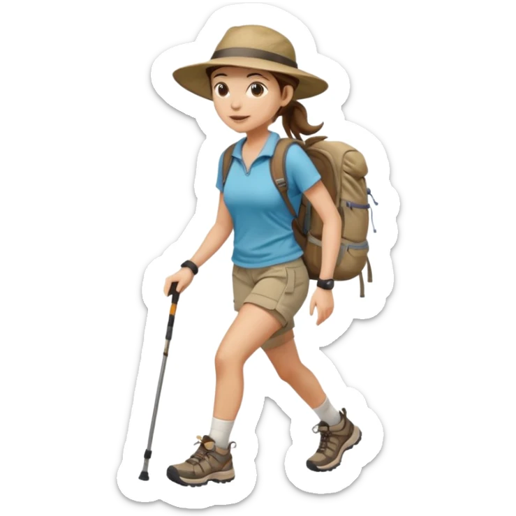 Create an emoji of a woman, hiking in shorts, trekking sneakers with a backpack and a wide broom hat and a brown ponytail sticker