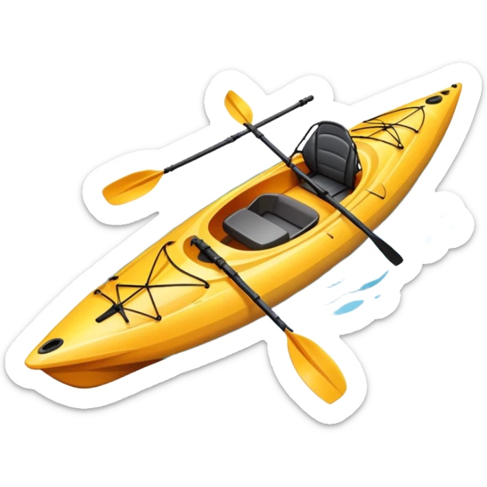 An icon showing a close-up of a sleek kayak with double-bladed paddles gliding through water. Splashes surround the boat as it cuts across a calm surface, symbolizing speed and focus. Transparent background emphasizes the dynamic and personal nature of kayak paddling. sticker