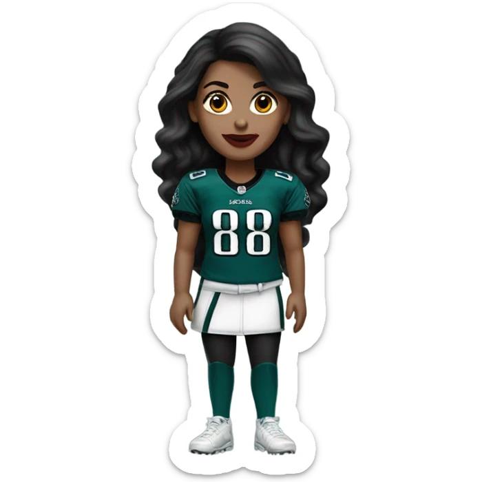 White female long dark hair red lips wearing Philadelphia Eagles jersey sticker