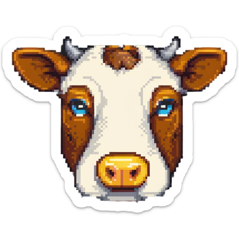ultra-minimal blocky Minecraft cow head emoji with only 2 large colorful square pixels, extremely simple, chunky, playful, childlike sticker