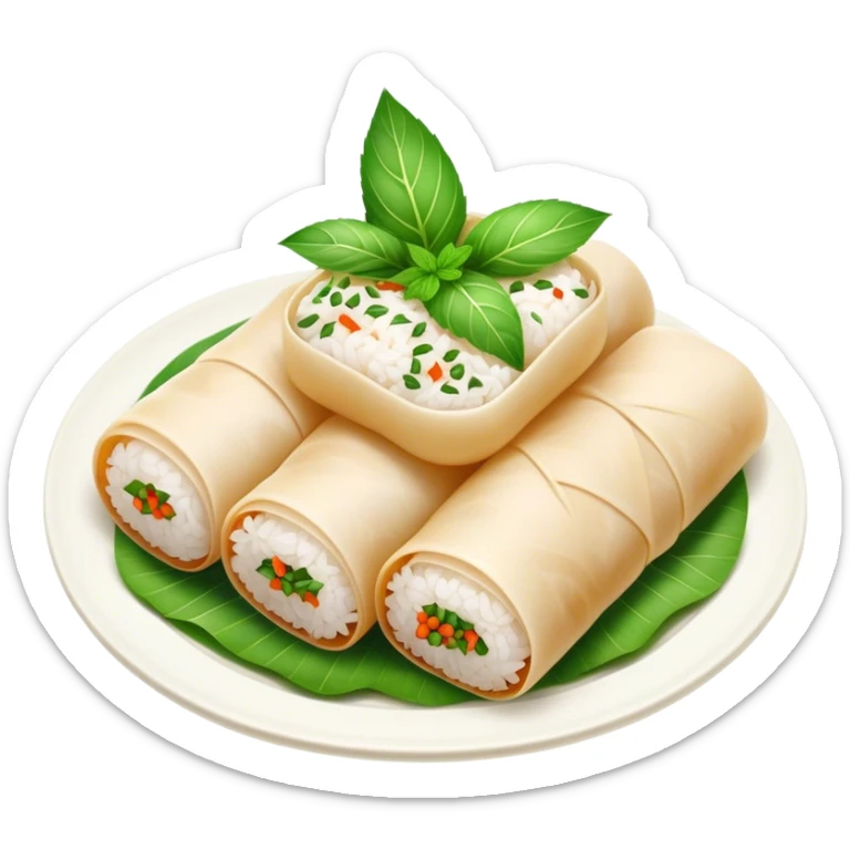 Bánh Cuốn Cinematic Realistic Bánh Cuốn Dish Emoji, depicted as delicate steamed rice rolls garnished with chopped mint on top, rendered with lifelike textures and fresh, vibrant lighting. sticker
