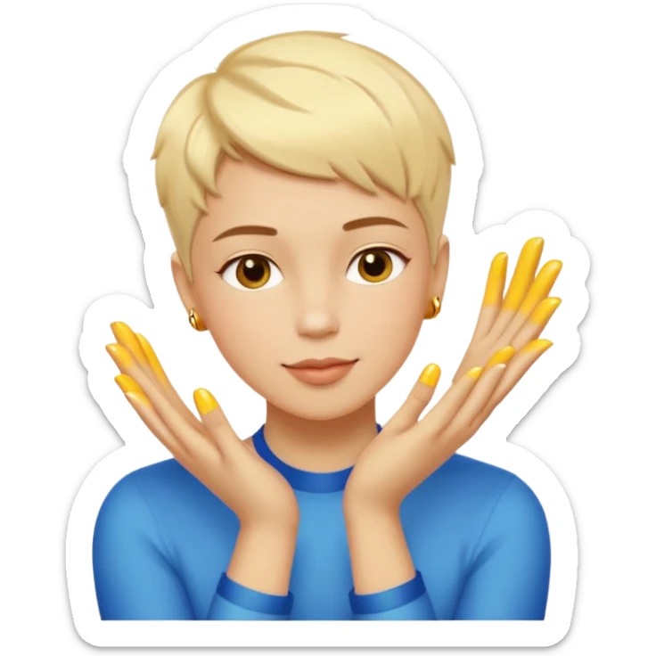 gender-neutral person with short hair gently kissing their glowing golden hands, showing pride and warmth, radiant hands, playful proud face, bold colors, smooth shading, minimal details, emoji style, white or transparent background sticker
