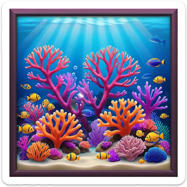 Cinematic Realistic Coral Reef Emoji in a wooden frame, Vibrant and alive, with colorful corals in hues of pink, purple, and orange, swaying gently with the underwater currents. Schools of tropical fish dart between the coral, with soft rays of sunlight piercing through the clear blue water above, creating a magical, serene underwater world. Soft glowing outline, capturing the essence of the bustling, colorful, and peaceful aquatic paradise. sticker