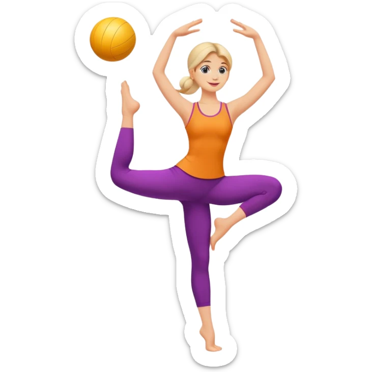 A minimalist vector emoji of a person standing on one leg in an arabesque pose, holding a fitness ball. Clean lines, flat design, vibrant energetic colors. sticker