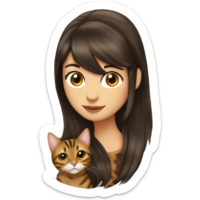 Beautiful woman long dark brown hair have Straight bangs hug bengal cat sticker