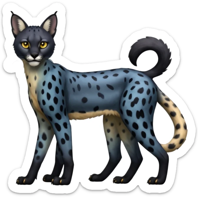 Colorful shiny black gloomy dark dull melanistic Caracal-Cheetah-Serval-Snow-Leopard-Trico-Sergal-Vernid-fusion-hybrid-animal-creature, full body sticker