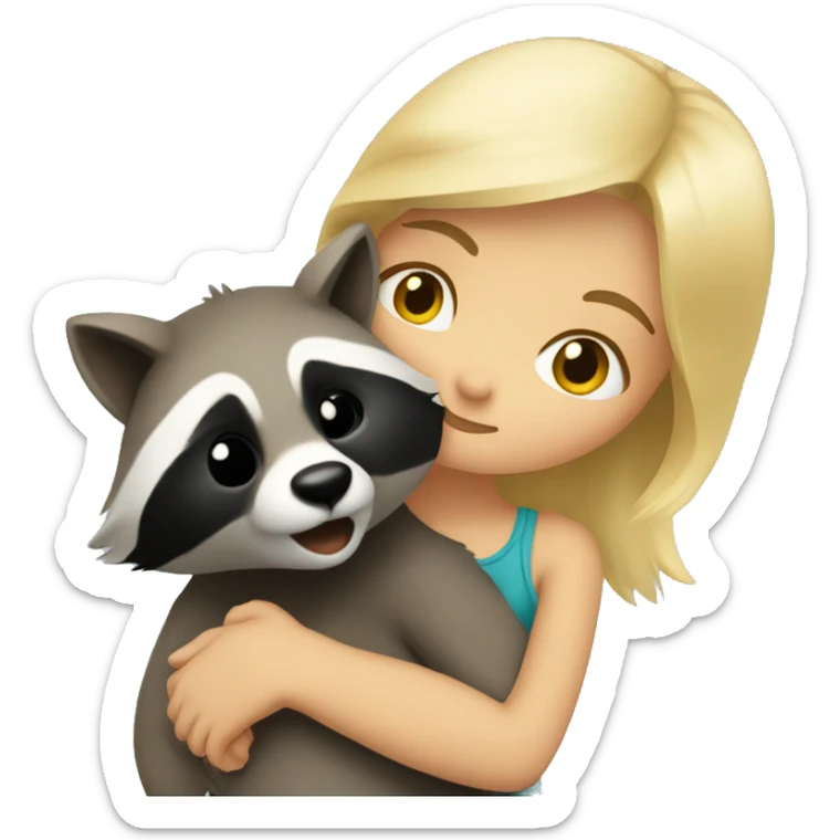 A blonde girl is hugging and kissing a raccoon. sticker
