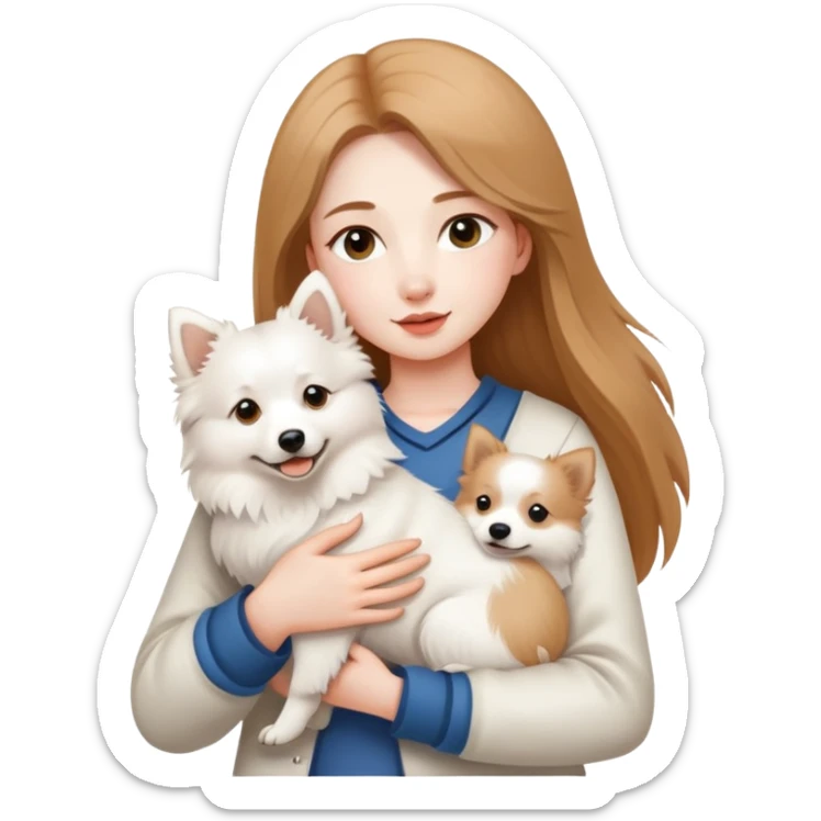 long light brown hair girl with pale skin holding a white Japanese spitz dog in her arms sticker