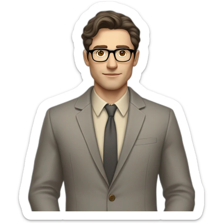 Full height Pale skinned Fit Man With dark brown hair in gray jacket, beige office shirt, tie, Brown pants and vintage glasses. Thrumbs of his palms directed up sticker