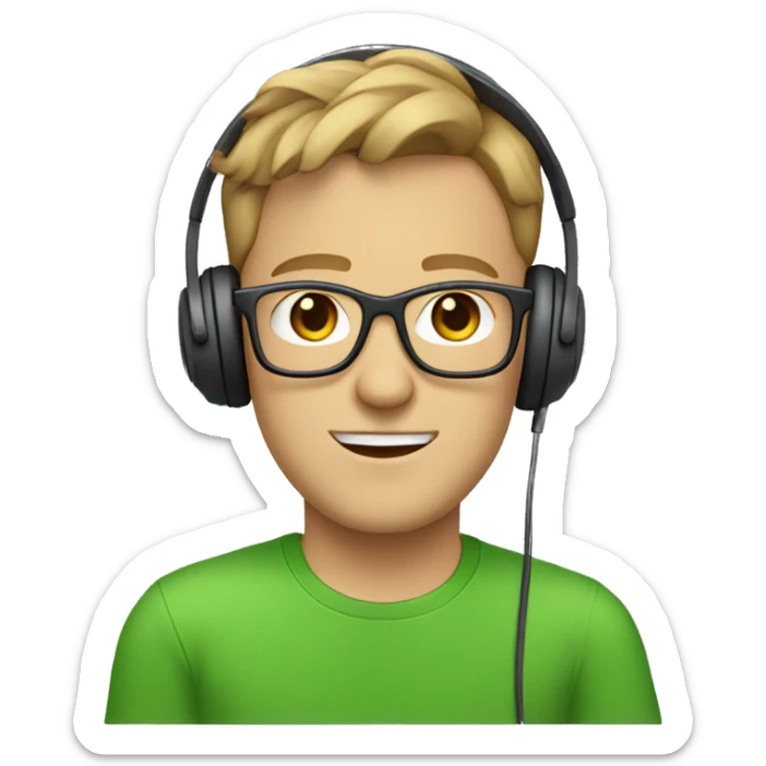 white guy with light brown hair square glasses blue eyes wearing green t-shirt with laptop and headphones sticker