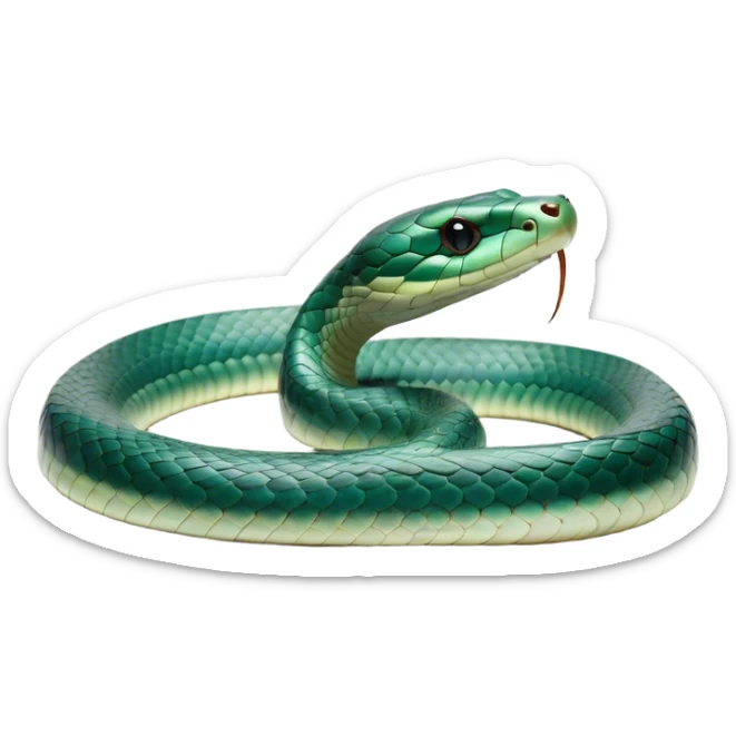 Cinematic Noble Chinese Water Snake Portrait Emoji, Poised and graceful, with a slender, sinuous build and a sleek, iridescent coat of muted greens and blues, deep-set soulful eyes, Simplified yet sharp and sophisticated features, highly detailed, glowing with a soft, dignified aquatic glow, high shine, intelligent and fluid, stylized with an air of waterborne elegance, focused and attentive, soft glowing outline, capturing the essence of a watchful and confident water snake that feels as though it could glide out of the screen with effortless authority! sticker