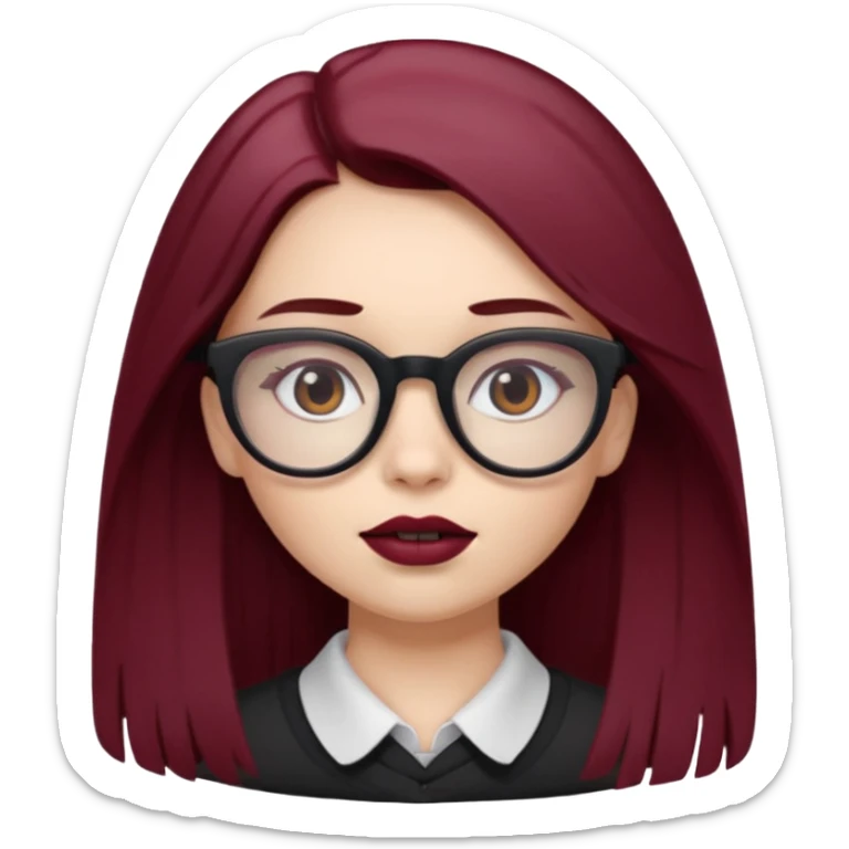 white-skinned girl with long brown hair showing maroon under hair, brown glasses, brown lipstick sticker