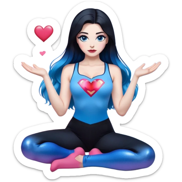 show full body-very very large chest-hands making heart-long legs-stunning beautiful face-black leggings-hands making heart emoji-light pink lips-very long straight-dark-black to blue ombre hair-and-blue-eyes-thick-black-eyeliner-thick-long-eyelashes-sky blue with glitter superman low cut tanktop sticker