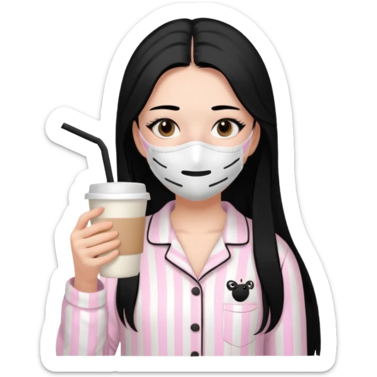 chica de pelo lacio color negro cabellera larga piyama blanca con rayas rosa claras peo no tan claras no oscuras el bordado es negro al igual que los botones )tiene una mascarilla para la carablanca y sostiene y cafe con bolitas nedras al dondo con unsorbete tranparente y es de test blanca  sticker
