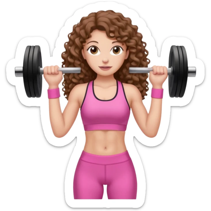 pale white girl with long brown curly hair weight training pink sticker