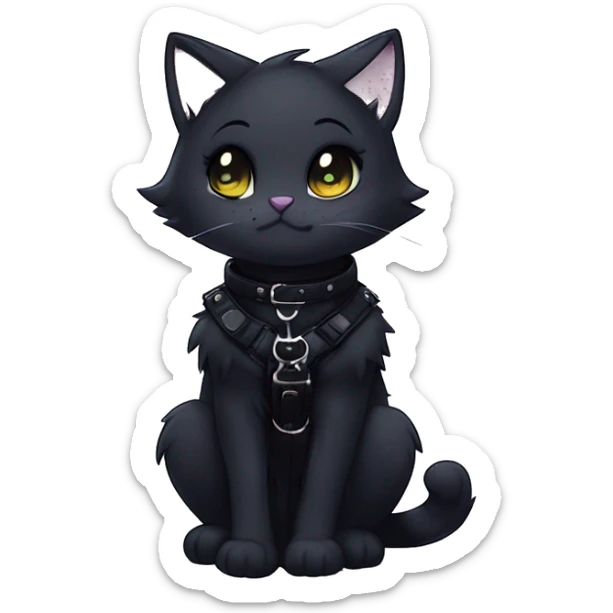 Gorgeous furry gothic dark techwear anime style anthro black cat furry sona with blushing face aesthetic and pretty edgy black with collar and harness trending style sticker