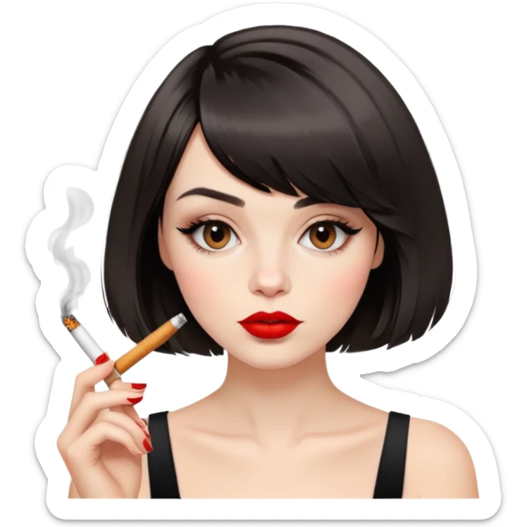 Alluring French girl french bob haircut tousled hair red lips and cigarette sticker