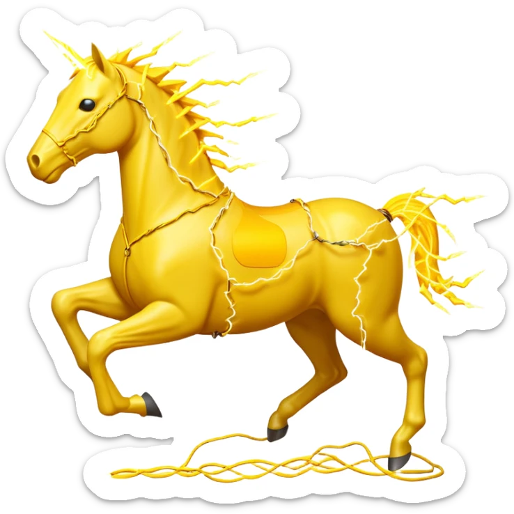 A yellow horse made entirely of crackling electricity, with visible yellow wires, lightning bolts shooting off its body, and a dynamic galloping pose. sticker