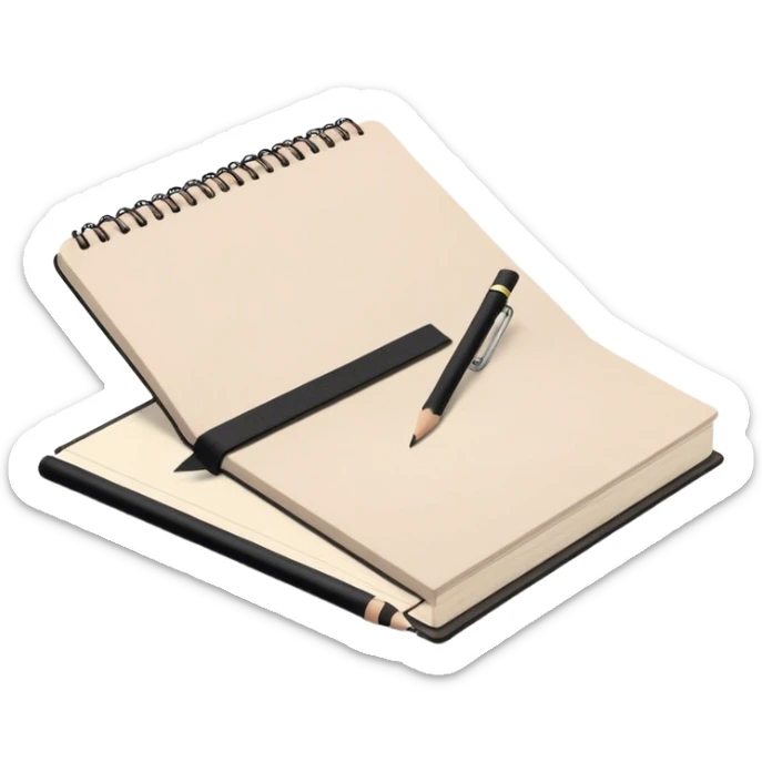 "Aesthetic emoji of a simple sketchbook with a light beige cover, a black spiral binding, and a wooden pencil resting diagonally, minimal yet elegant." sticker