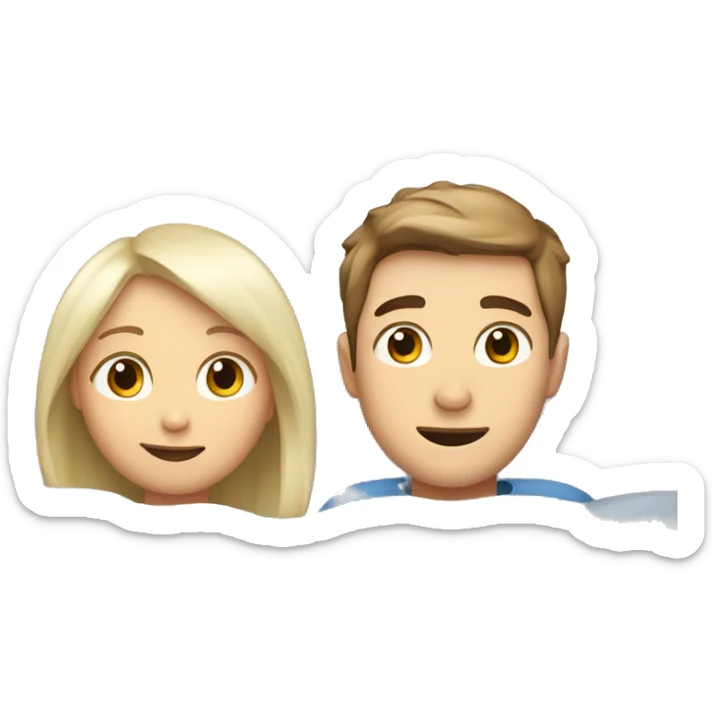A couple, a girl with white blonde hair and a boy with brown hair lying in bed hugging each other sticker